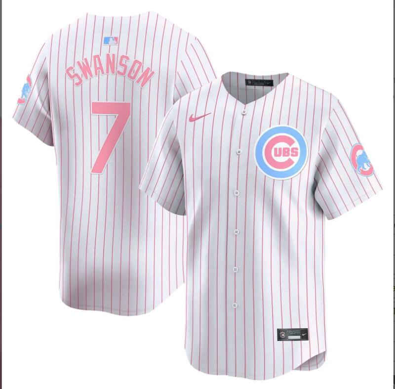 Men Chicago Cubs #7 Swanson white with red strips 2024 Nike MLB jersey